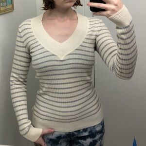 Y2K Cream and white striped sweater with a V-neckline